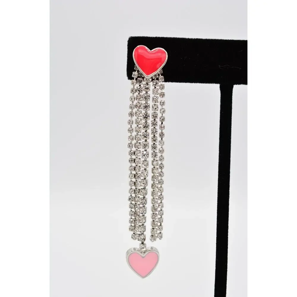 Guess Heart Earrings Rhinestone Crystal Fringe Red Pink Valentine Signed BinAA